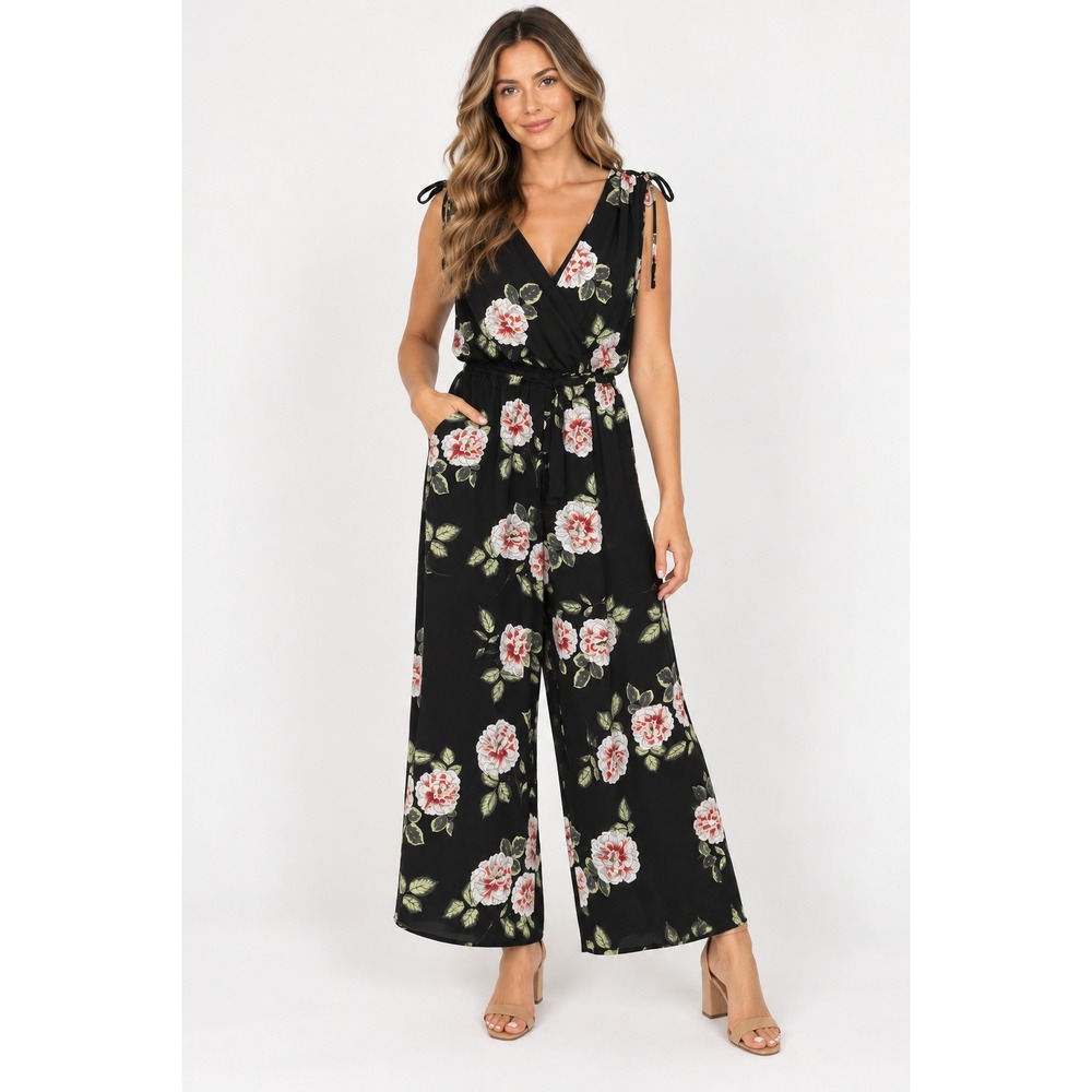 As U Wish Floral Wide Leg Jumpsuit Women's M Black Tie Shoulder V Neck